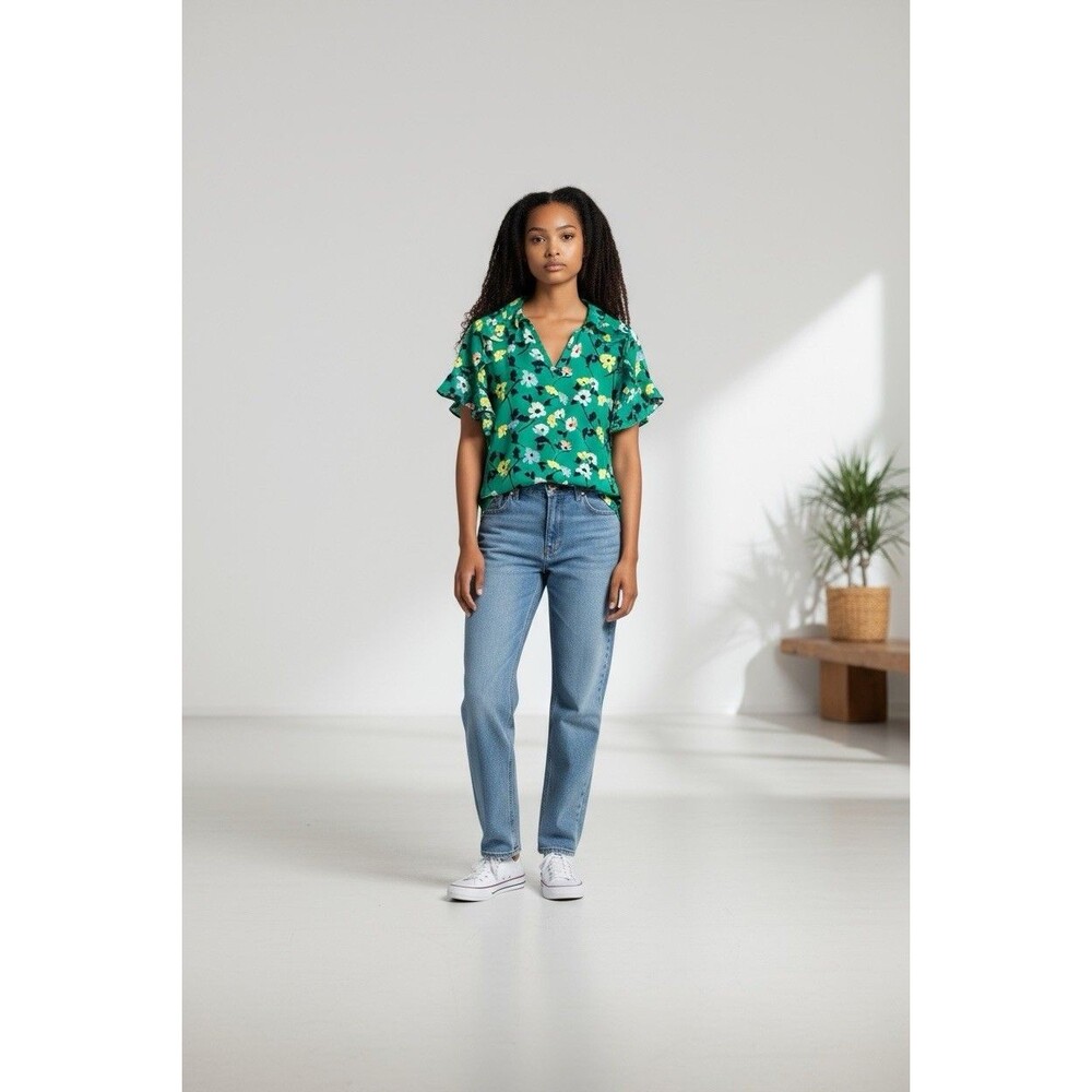 Banana Republic Floral V-Neck Teal Business Casual Women’s Blouse Top Size S